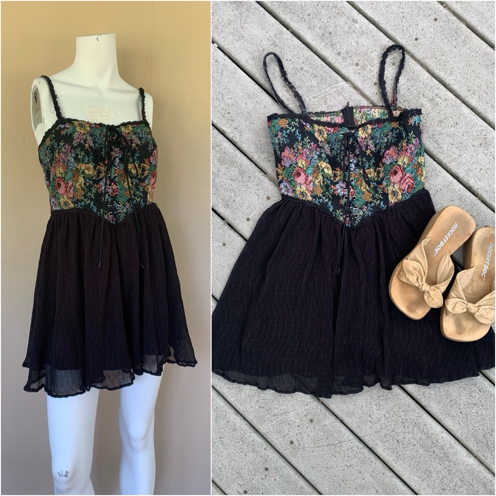 Vintage 90s Corset Tapestry Bust Mini Dress | Y2K Spaghetti Strap Babydoll Dress