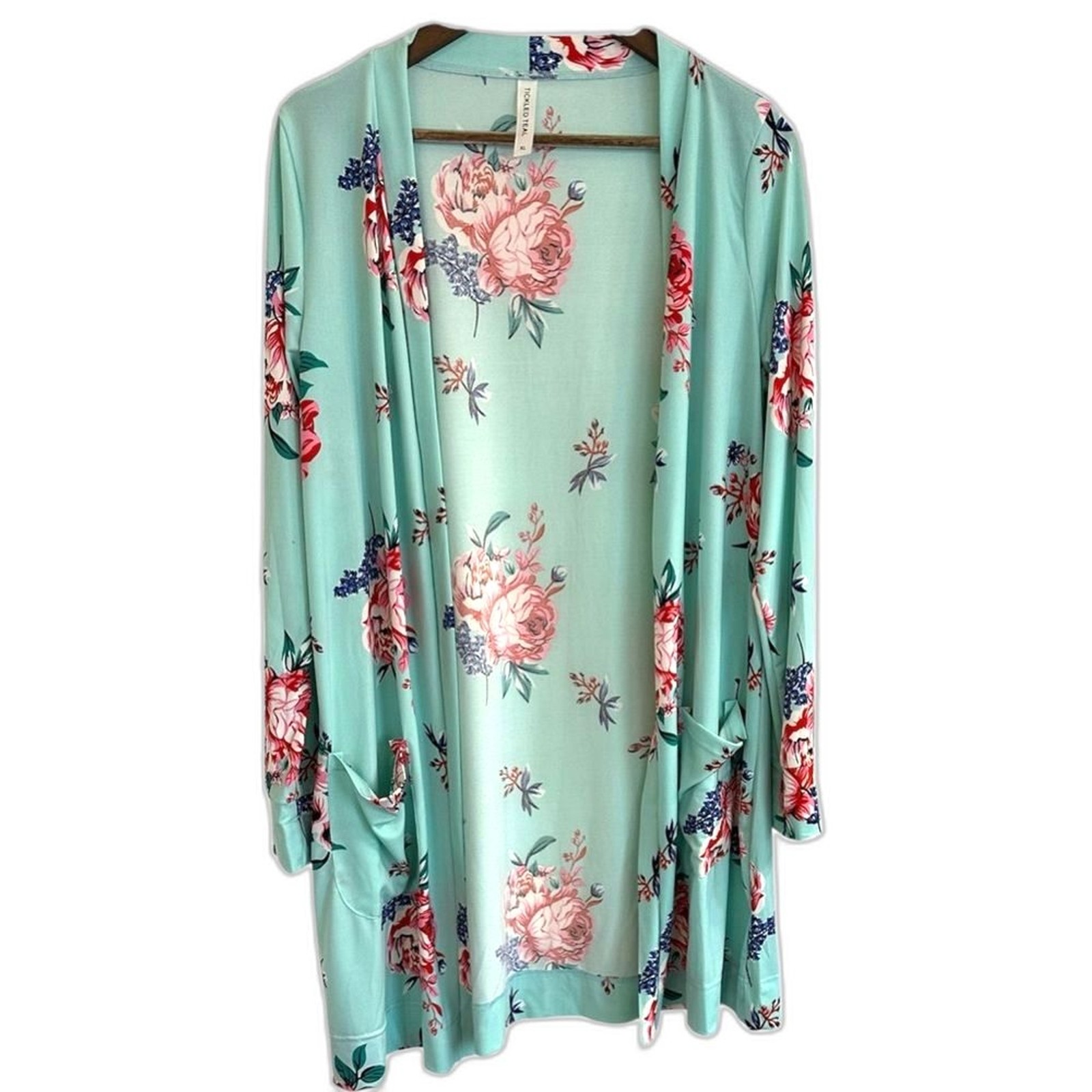 Tickled Teal floral open front cardigan with pockets women XL