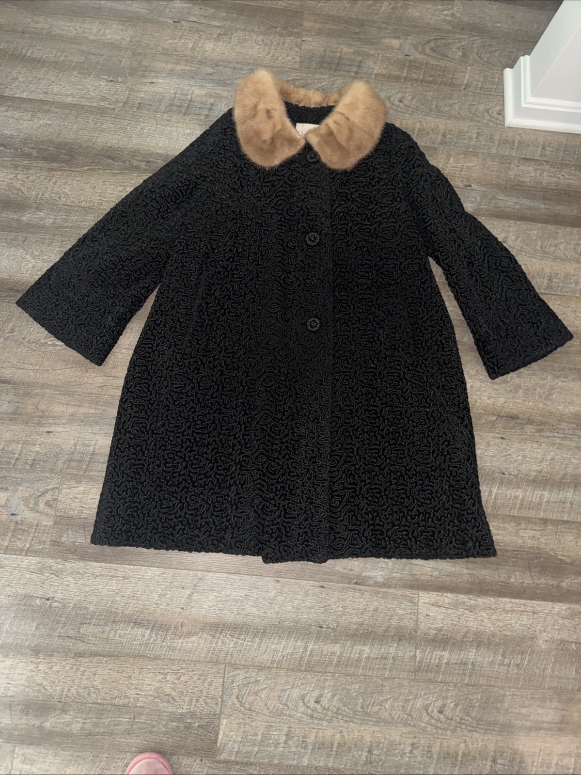 Vtg 50’s Astrakin Black Curly Persian Lamb Wool Swing Coat Mink Collar France L