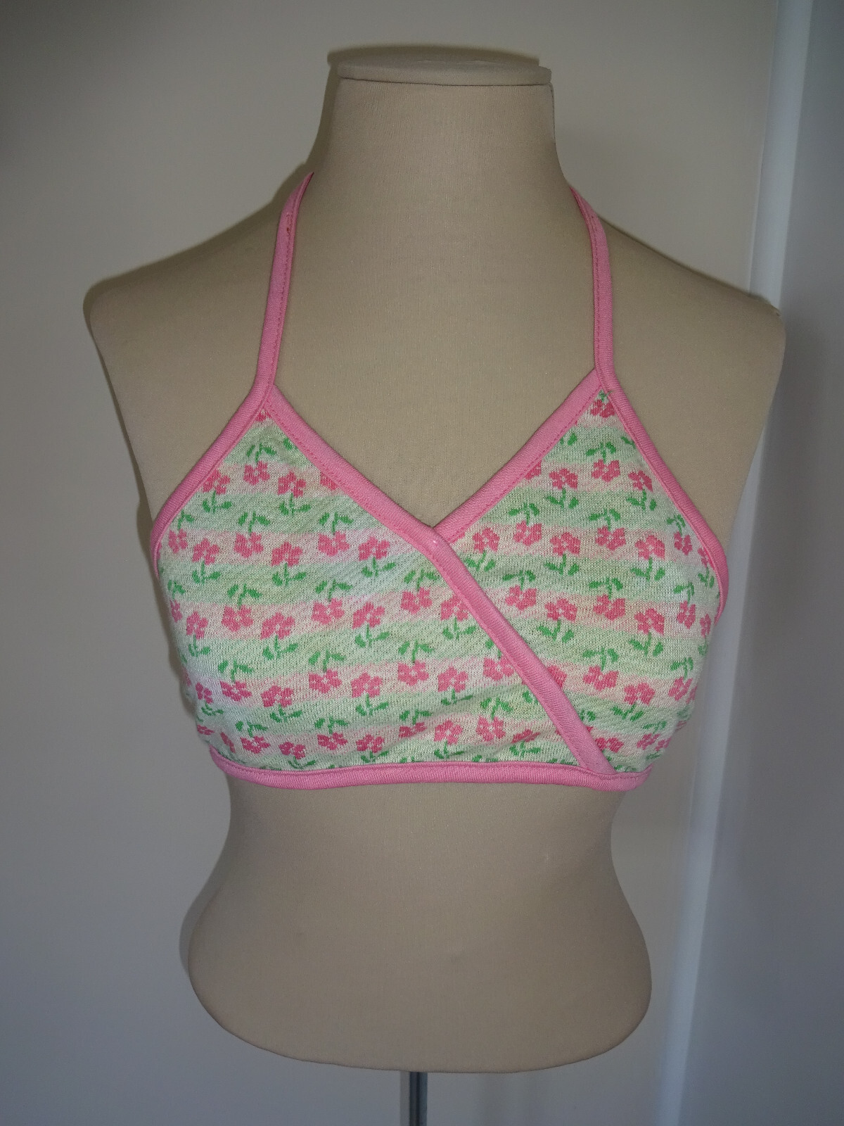 Vintage 1970s A.H. Schrieber Swimsuit Swim Top Halter 12 XS S Flowers Floral USA