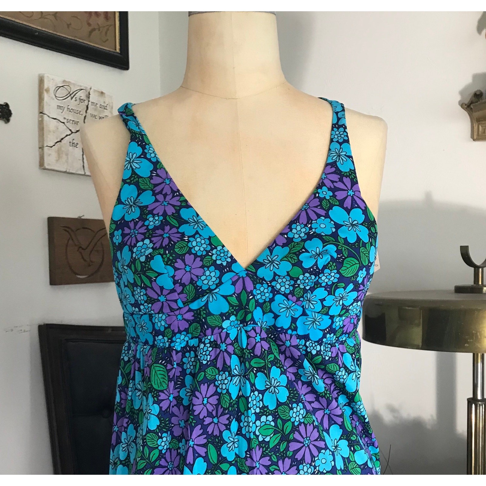 Vintage 1960s High Tide Halter Maxi Dress Blue Purple Floral Retro Tiki Resort