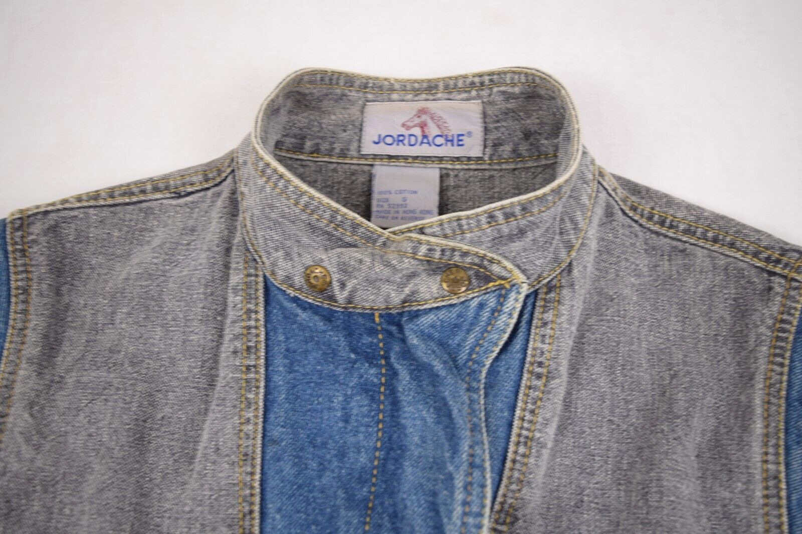 Vintage Jordache Denim Vest Size S/M 80s Belted 2 Tone Blue Wash Gray Denim Yoke