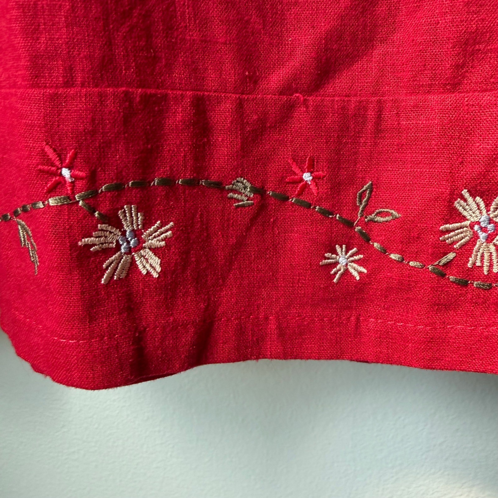 Vintage Uniform by John Paul Richard Linen Midi Skirt Red Embroidered Pull-On XL
