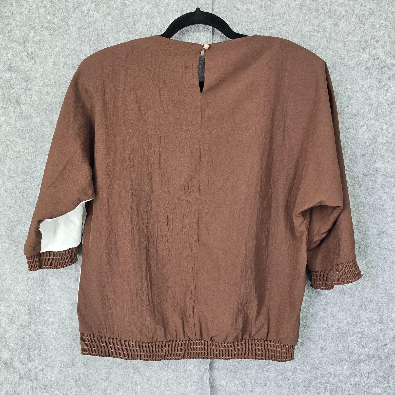 VTG Regal Women Brown White Abstract Geometric Smocked Blouse Small Made in USA