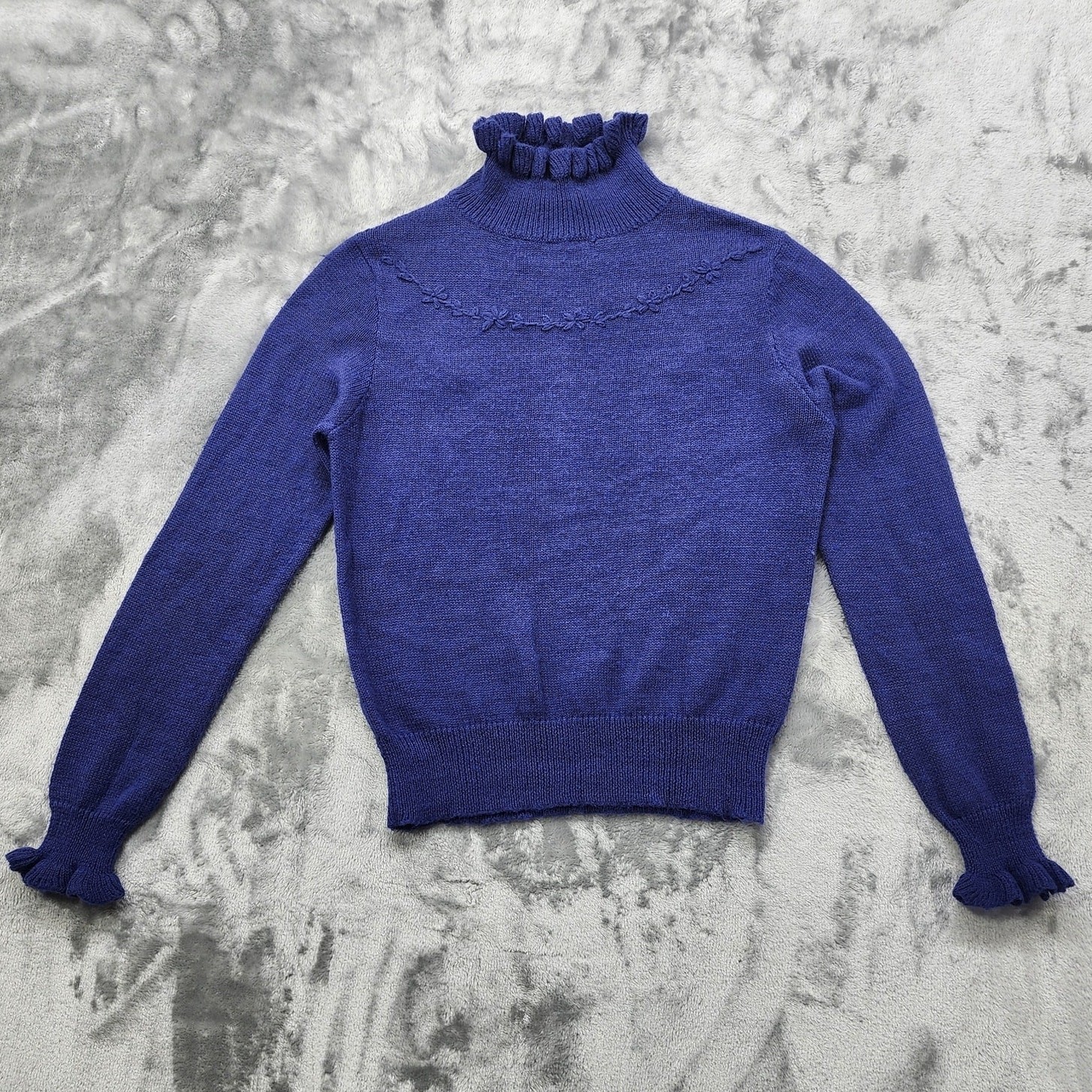 Vintage 60s Sweater Womens S Blue Fuzzy Knit Ruffled High Neck Pullover Preppy