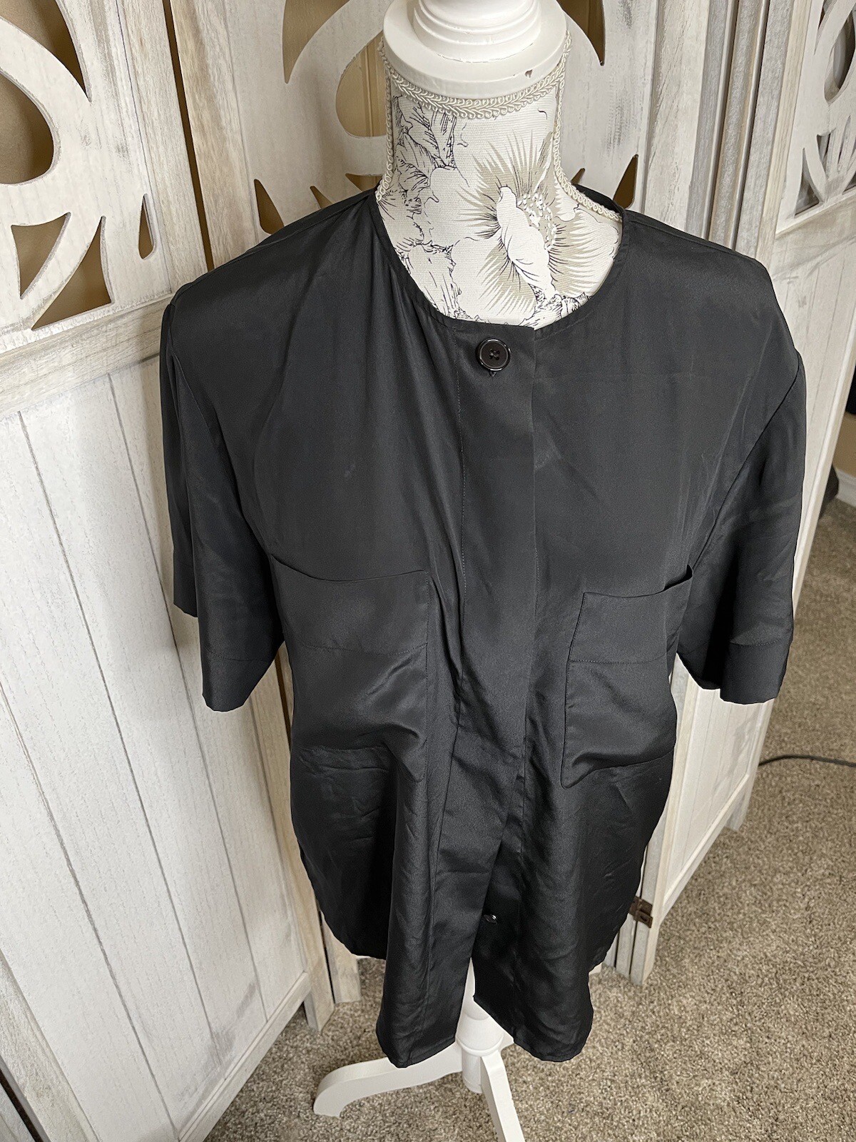 VTG Christian Dior Chemises Classic Black Short Sleeve Silky Size 10 Medium