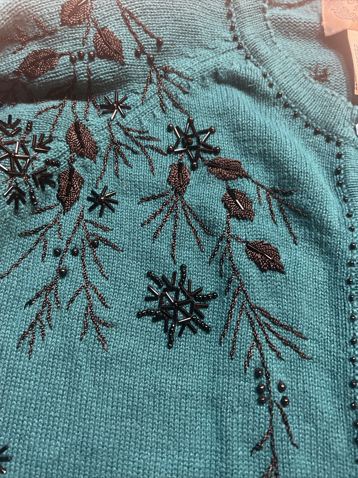 Vintage Teal Blue Beaded Button Down Cardigan Sweater Stitches In Time Size 1X