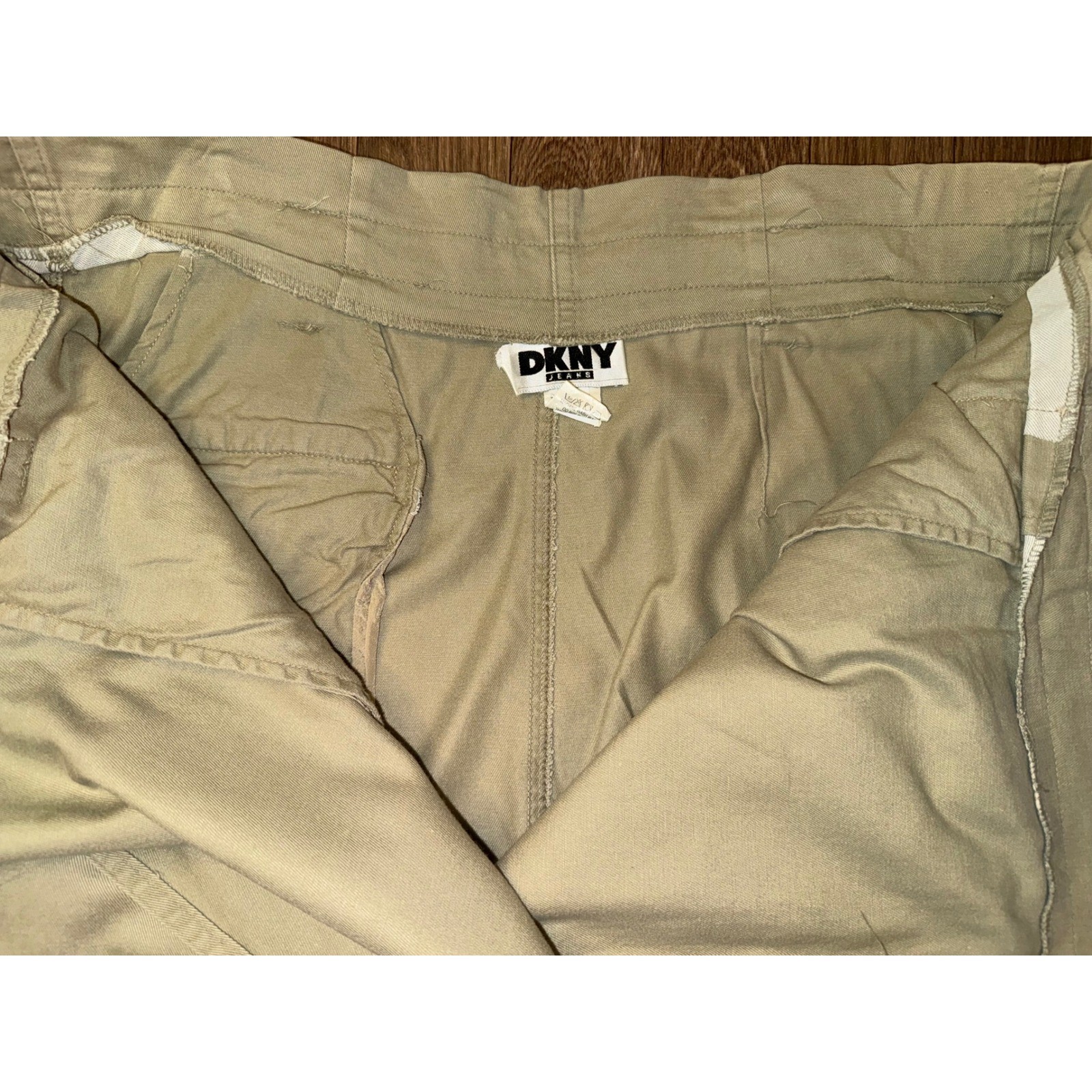 Vtg 90s DKNY JEANS Khaki Wrap Skirt Size 12 ILGWU Union Made USA Canvas Midi⁠