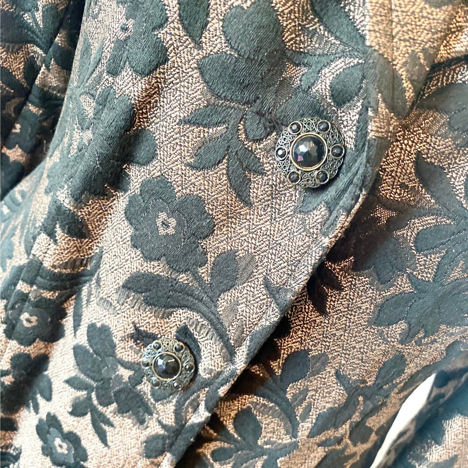 Vintage Brocade Trench Coat, Black Copper Metallic Floral, Size 12