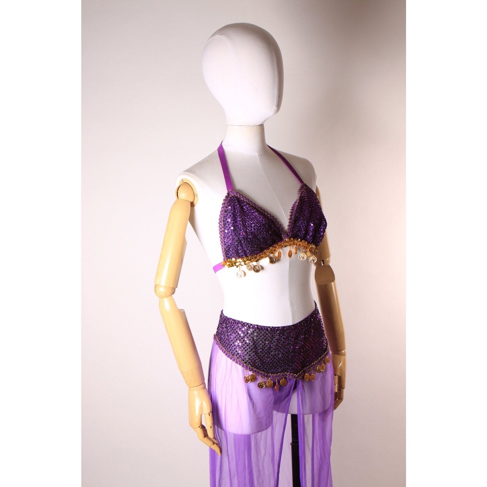 1980s 1990s Purple Gold Bikini Top & Pants Genie Belly Dancer Lingerie Costume