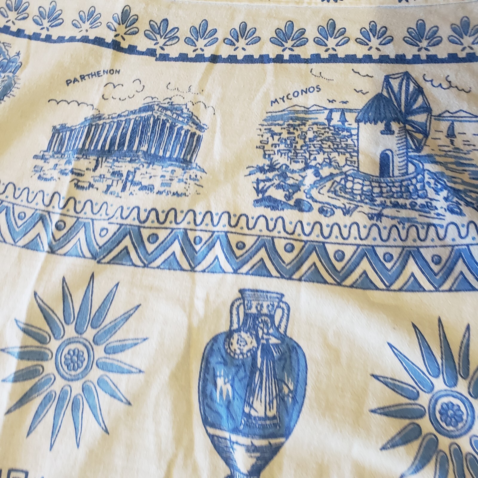 Vtg 1970s Greek Greece Novelty Wrap Skirt Blue White Cotton Size Medium