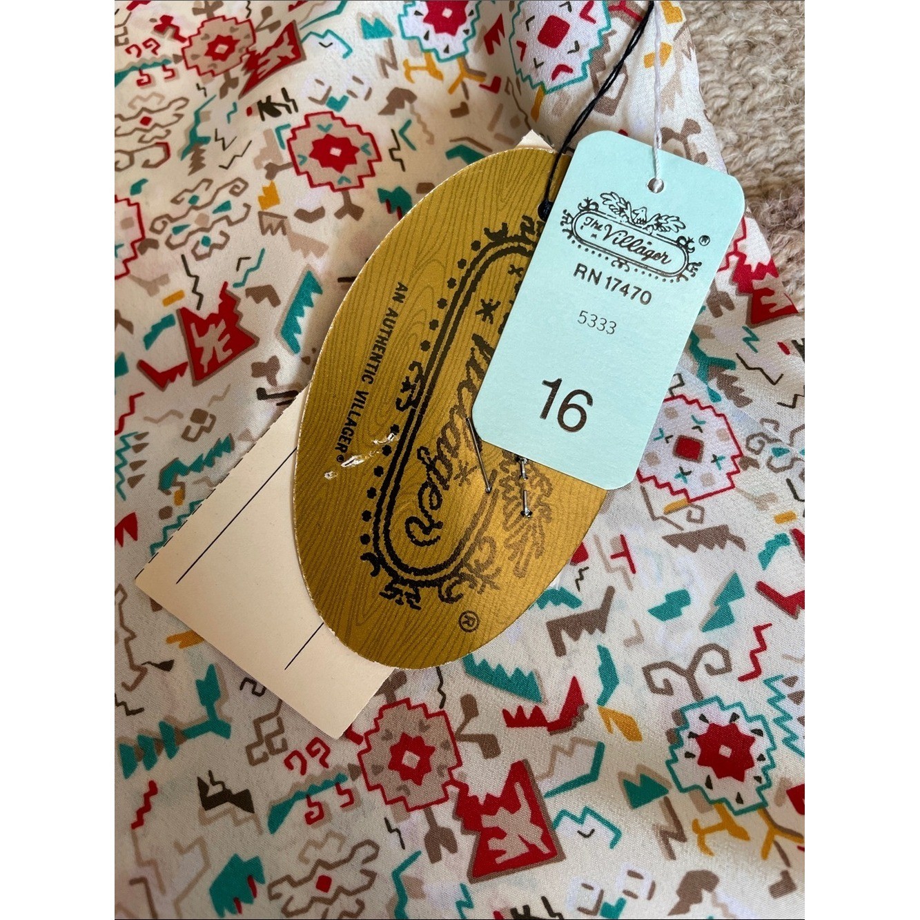 NWT Vintage The Villager Aztec Geo Print Tie-Neck Blouse Red & Teal Size L