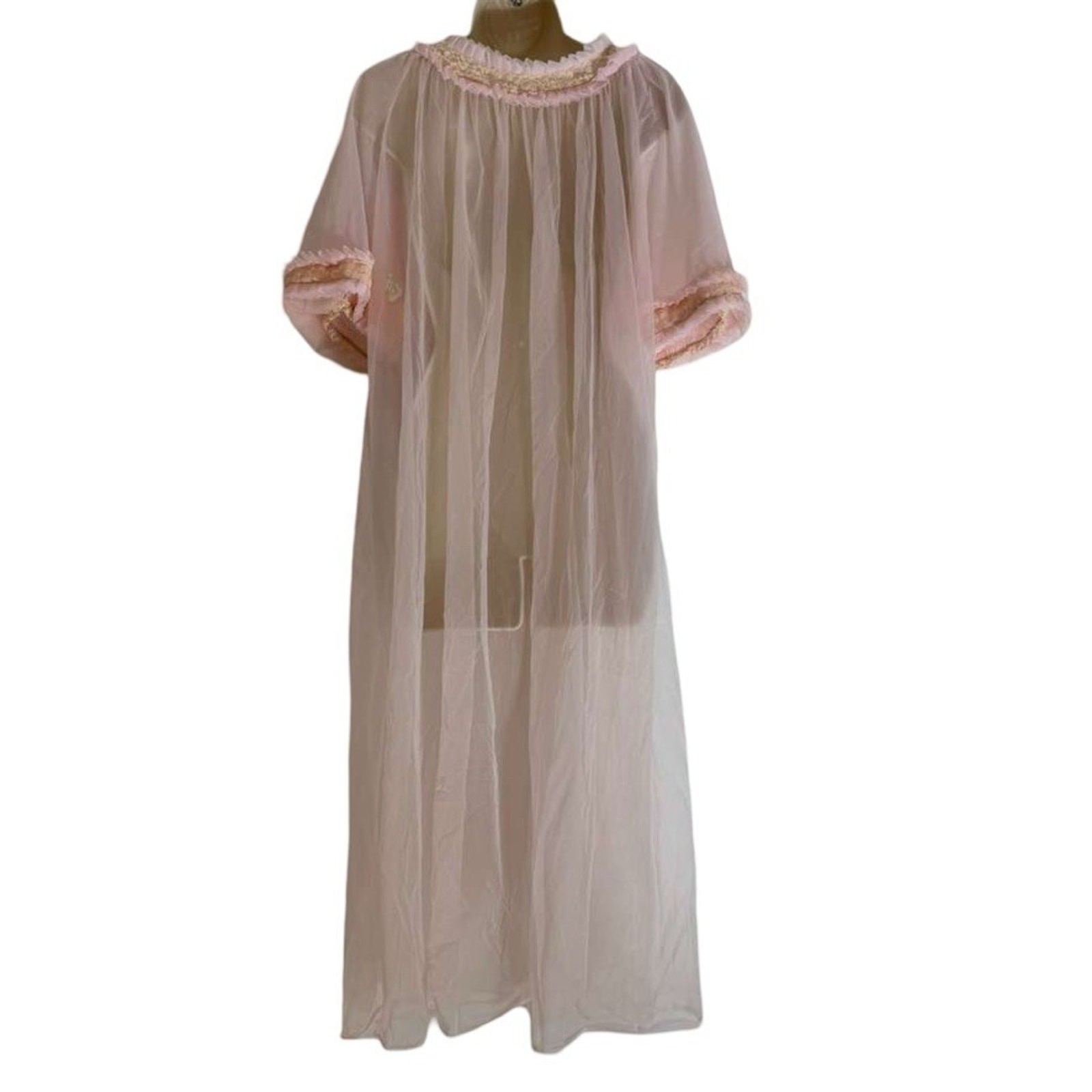 Vintage Unbranded Sheer Pink Lingerie Pleated Ruffle 60s Robe Long Length sz L