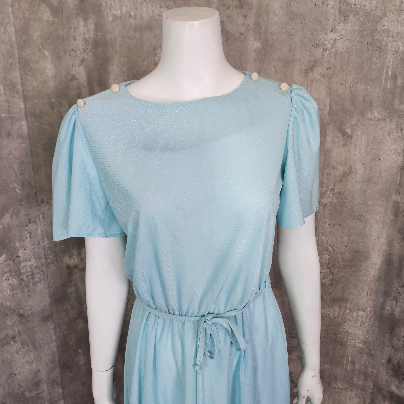Vintage 70s 80s Baby Blue Disco Dress Midi Flutter Sleeve Secretary Glam M