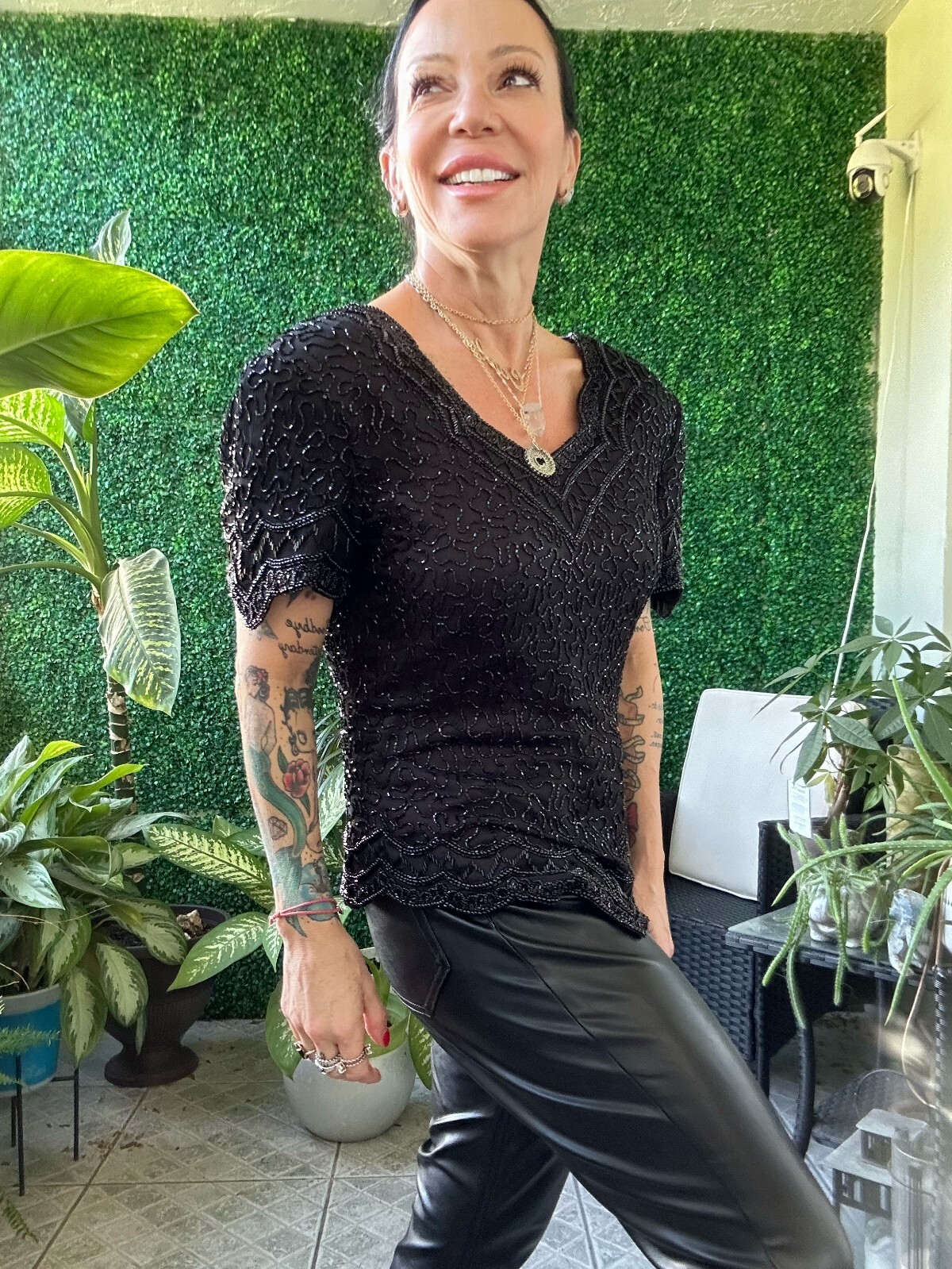 1980s Cote d’Azur Evening Black Sequined Beaded Fringe Top Handicraft Cropped Si