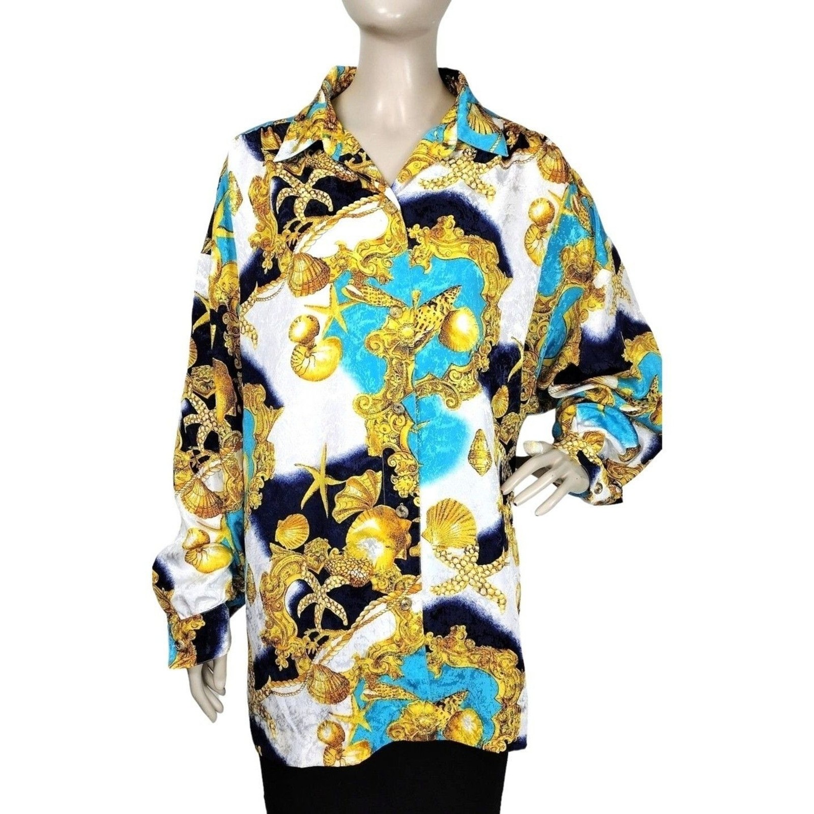 Vintage 80s Baroque Nautical Brocade Shells Chains Scarf Print Statement Blouse