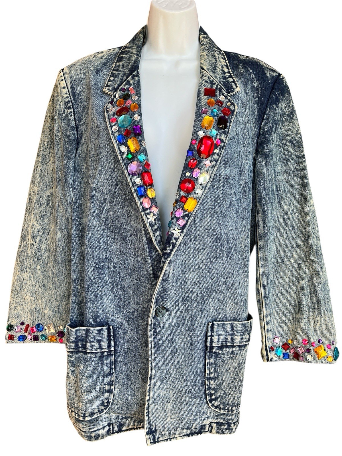 Vtg 80’s Acid Wash Denim Jacket Embellished Colorful Stones Women’s Sz M or L?