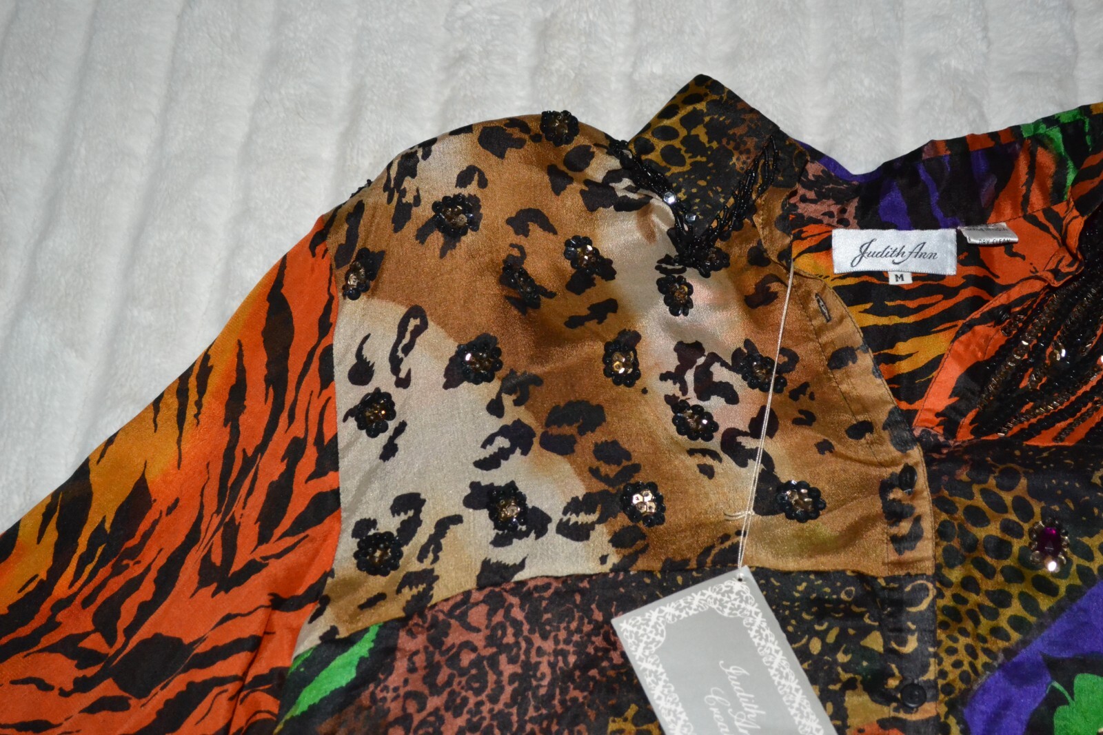 Judith Ann Rare Vintage Silk Button Down NWT – Sequin Embellished Hi-Lo Blouse M