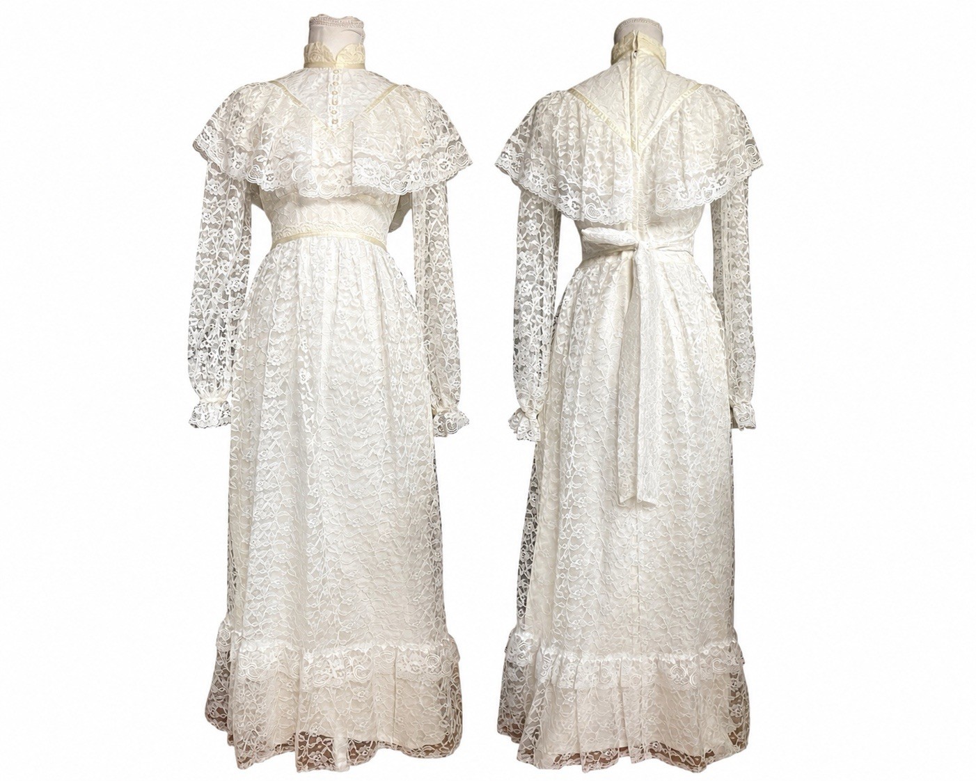 Vintage 1970s Union Made Lace Ivory Bridal Wedding Dress Cottagecore XS Prairie