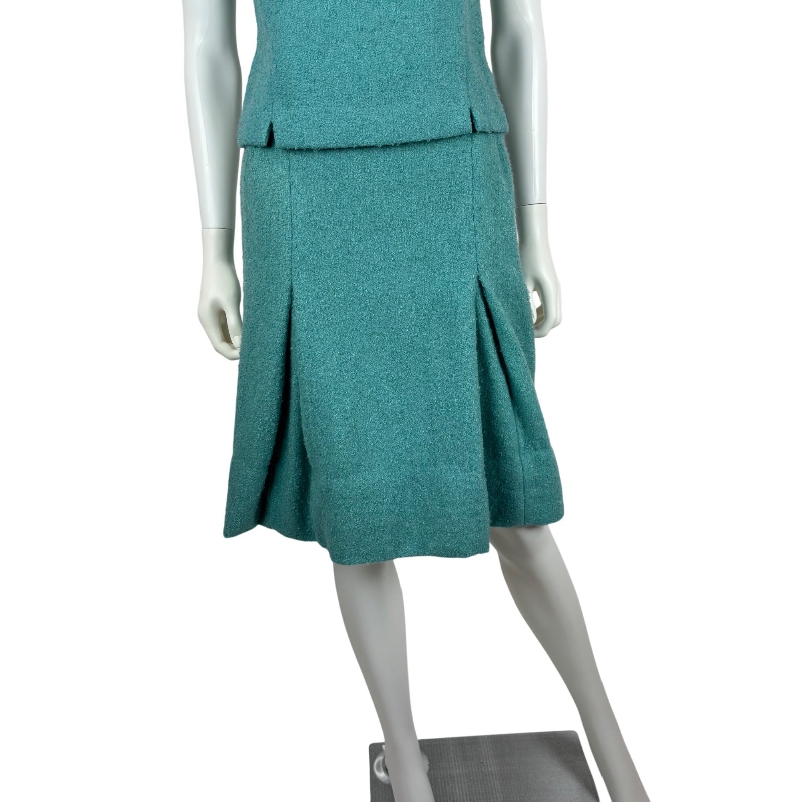 Vintage 60s Blue Suit Set Womens XS Bouclé Top & Skirt Bow Collar Mid-Century