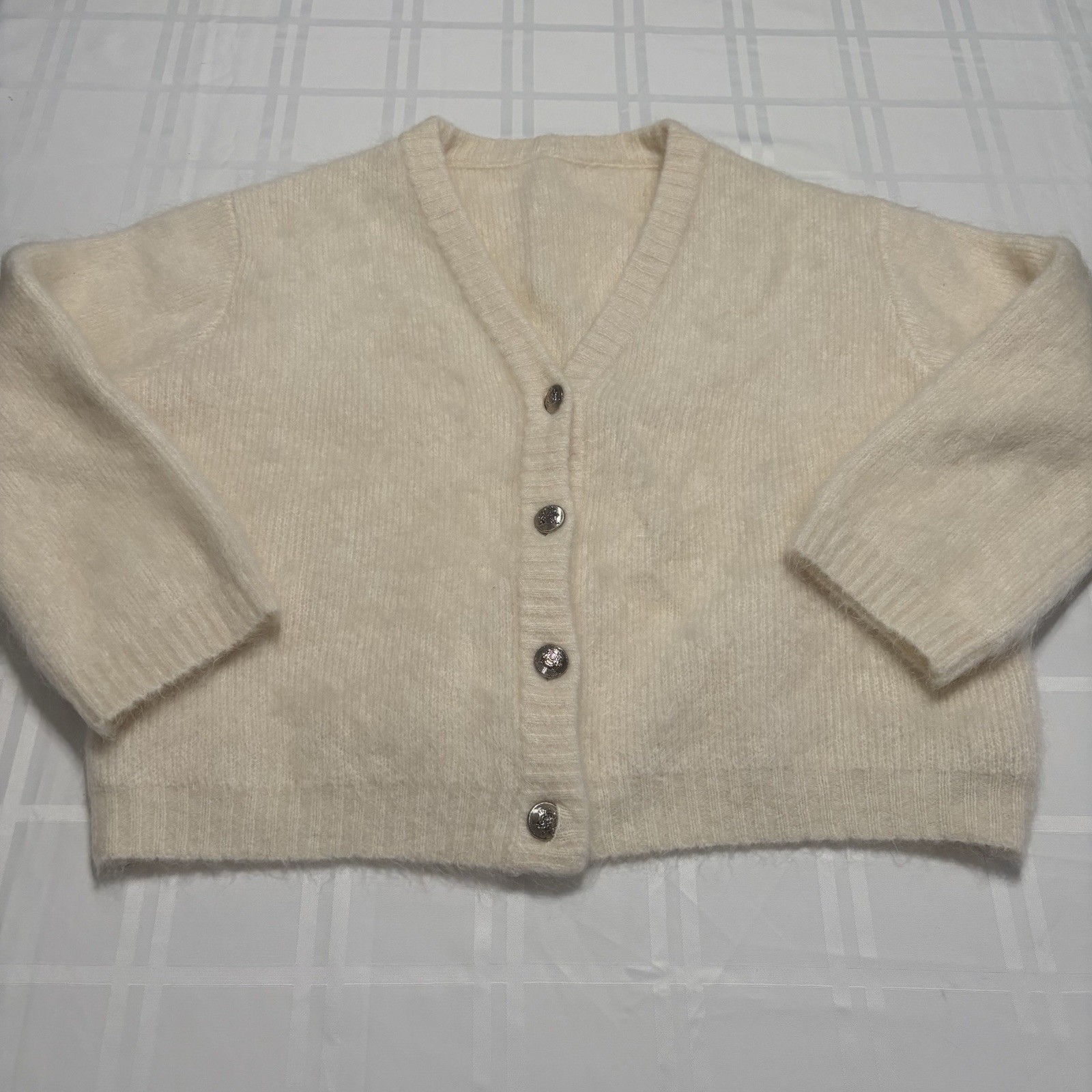 Cream Mohair Blend Fuzzy Cardigan Oversize Small Soft Knit Button Front Sweater