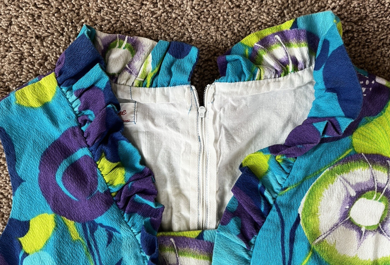 Vintage Jolene Honolulu Hawaii Dayglow Barkcloth Hawaiian Aloha Dress-36″ Chest