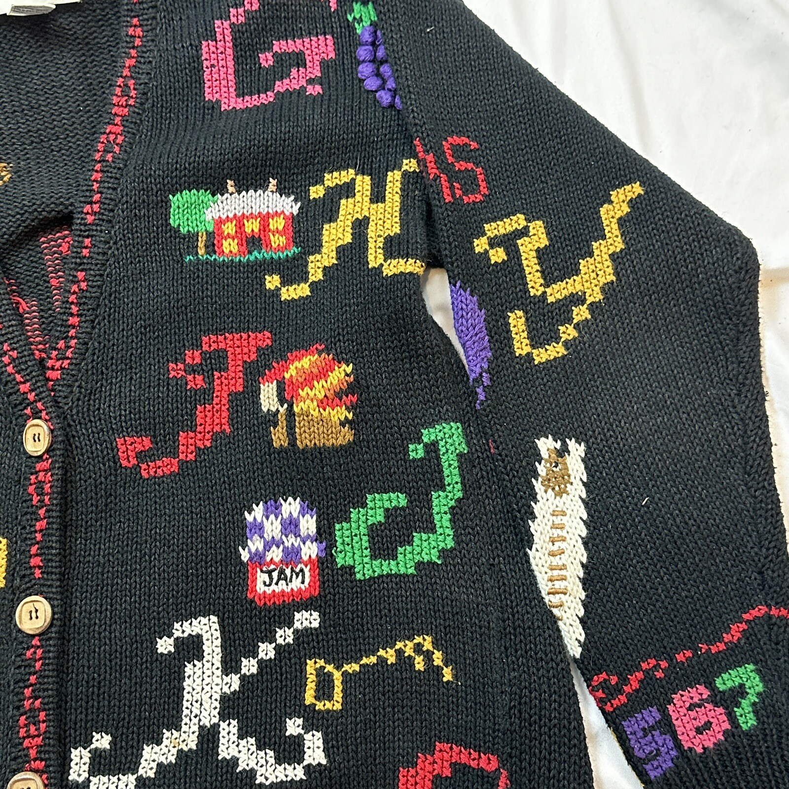 Vintage DESIGN OPTIONS Knitwear Cardigan Sweater Alphabet And Numbers Sz. Small
