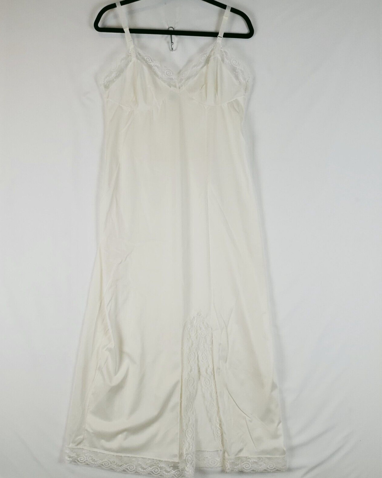 Vintage Greenco Maid Slip Dress Womens 40 Nightgown Lace Slit V Neck Beige
