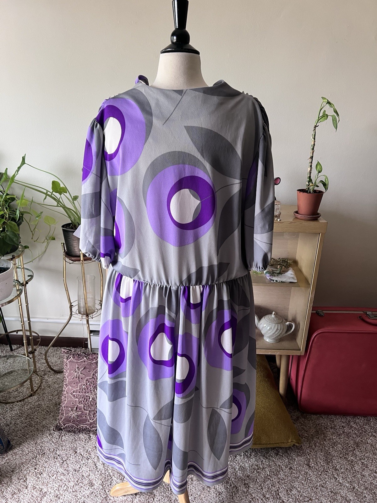 VTG 60s Grey & Purple Bullseye Secretary Dress W/ Neck Tie Detail – XL/2XL