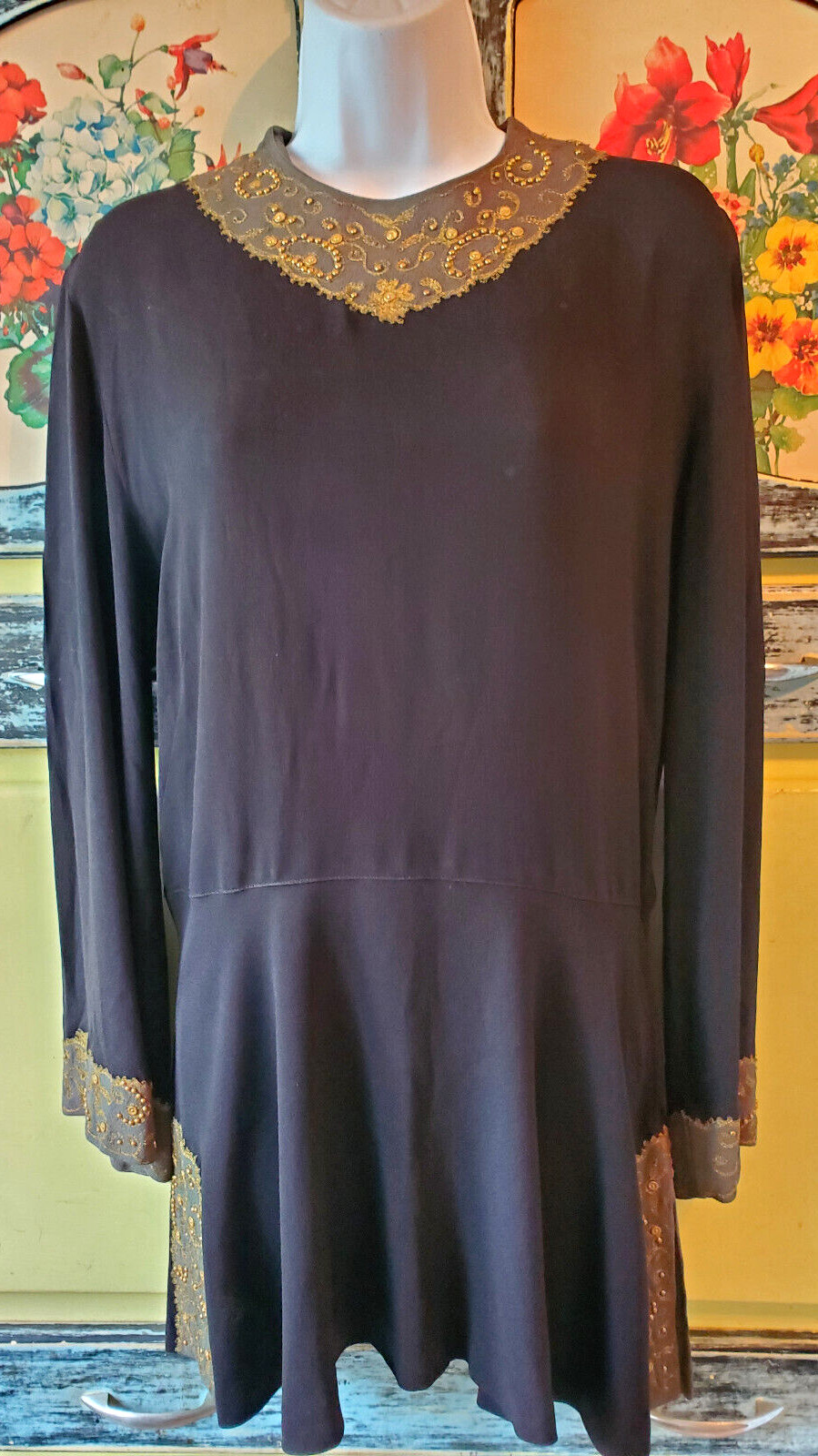 Vintage 1940s Black Rayon Top Modified Peplum Metallic Embroidery Brass Beading