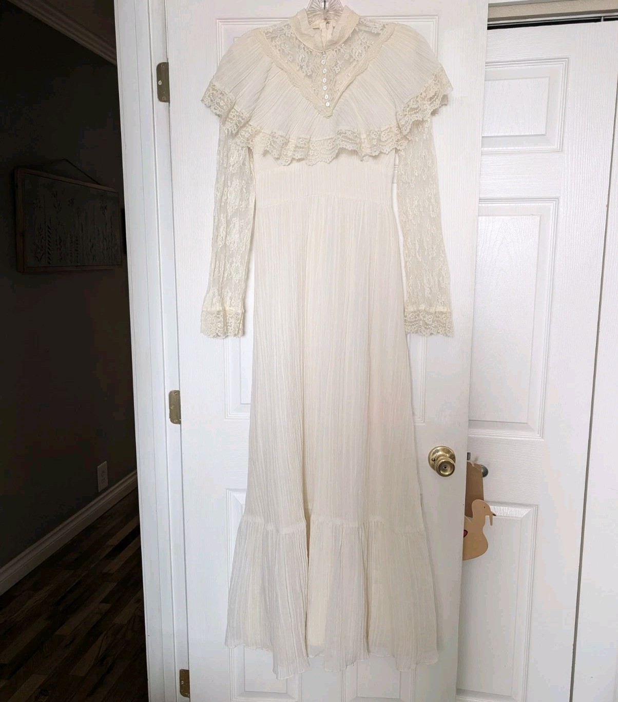 VTG 70s Prairie Maxi Dress Ivory Lace Victorian Revival S Boho Cottagecore Bride
