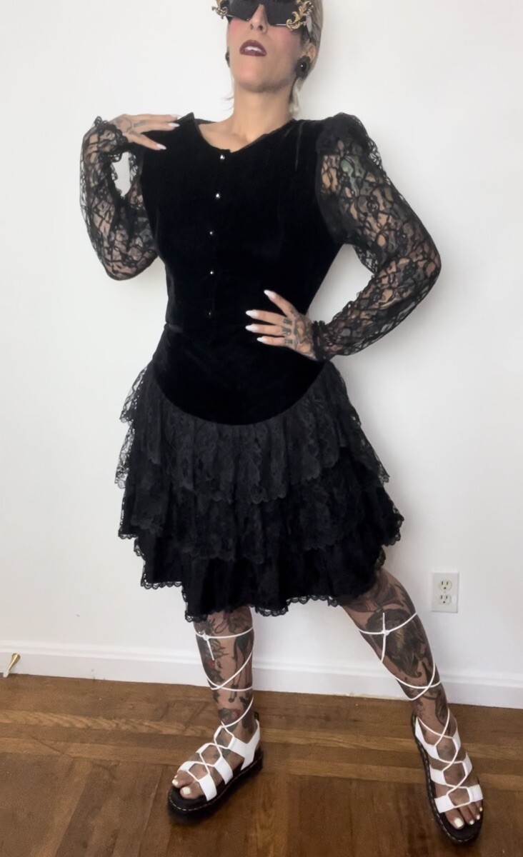GOTH Punk 1980’s 80s Vintage Velvet & Sheer Lace Sleeve Prom Top Skirt Dress S M