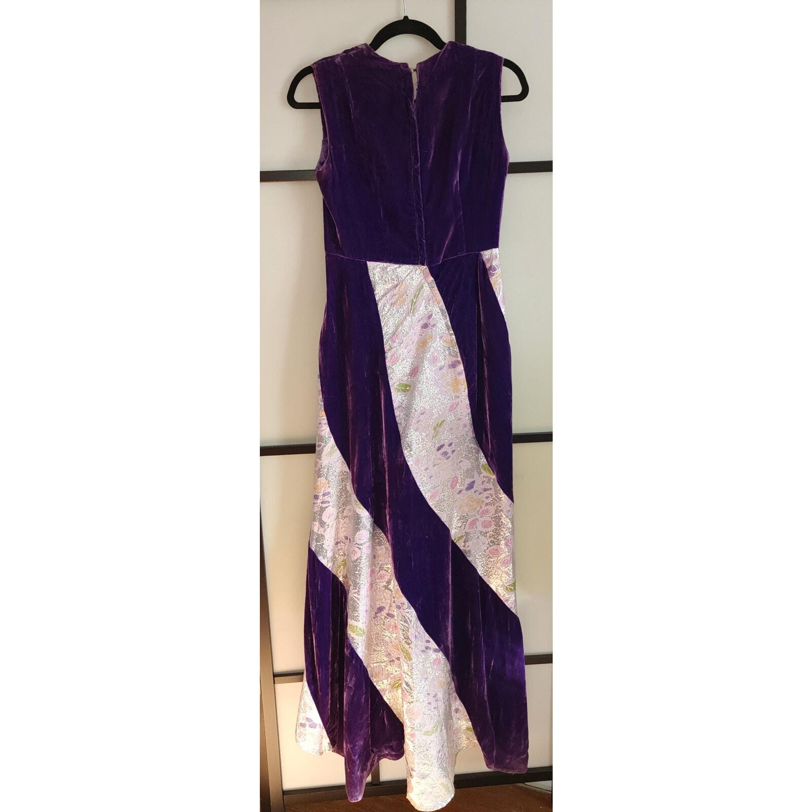Vtg 60s Long Purple Velvet Gown Silver Metallic Insets Bias Skirt New Orleans S