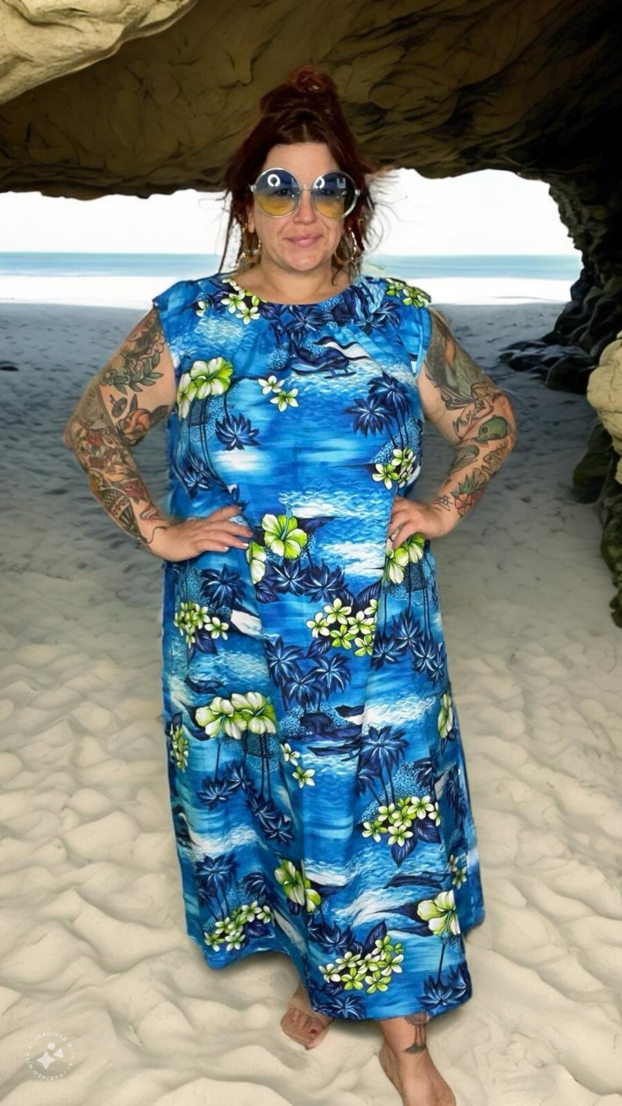Vintage 1960s Hukilau Fashions Blue Hawaiian Maxi Dress Mid Size Plus Size