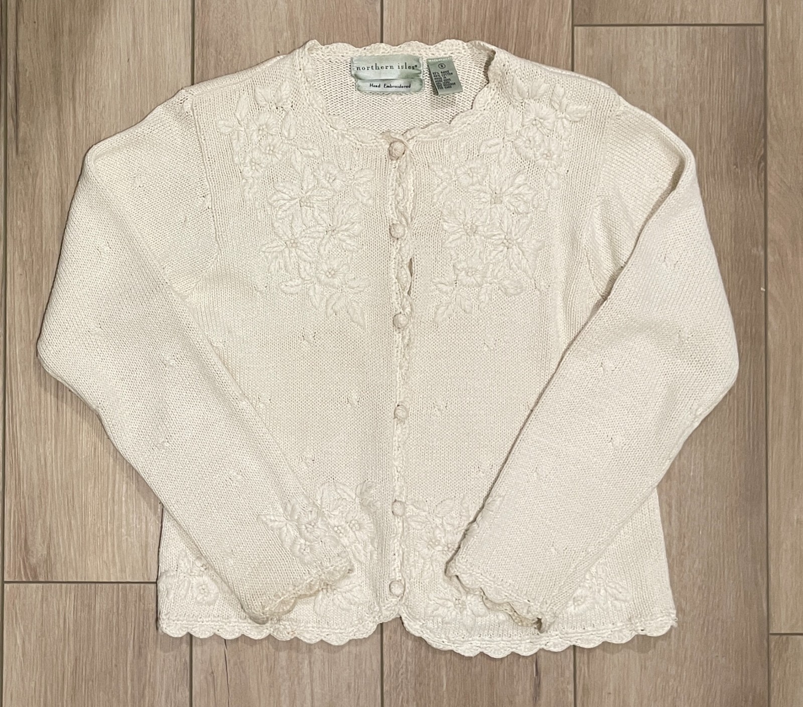 Vtg Northern Isles Hand Embroidered Scalloped Edge Cardigan Sweater-Womens S