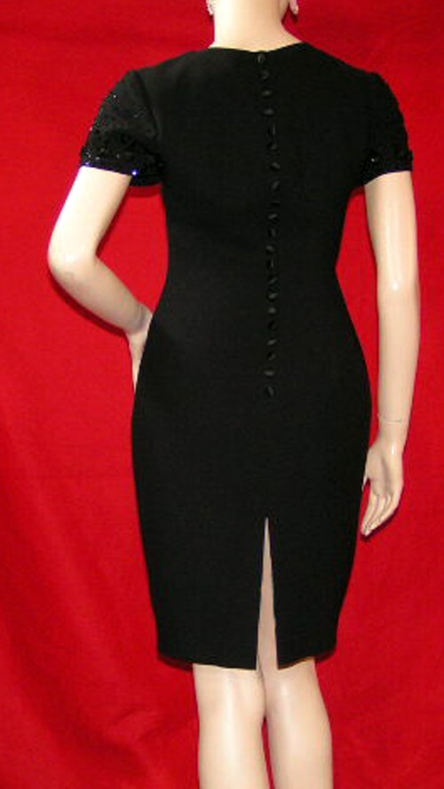 Vintage Donna Morgan Little Black Lined Satin Button Back Sequins Sleeve Dress