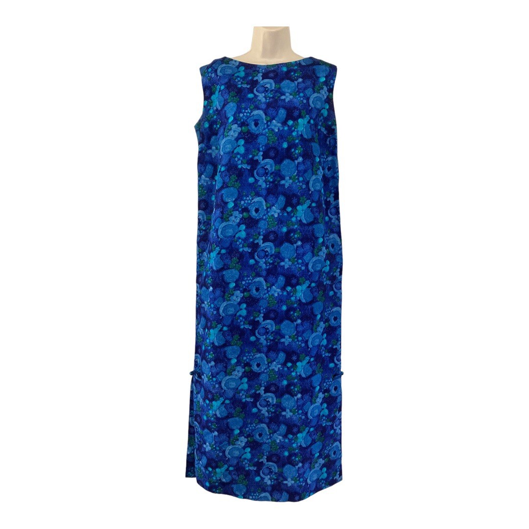 Vtg 60’s Richard Douglas Hawaii Maxi Dress Blue Floral Cheongsam Wiggle Sateen S