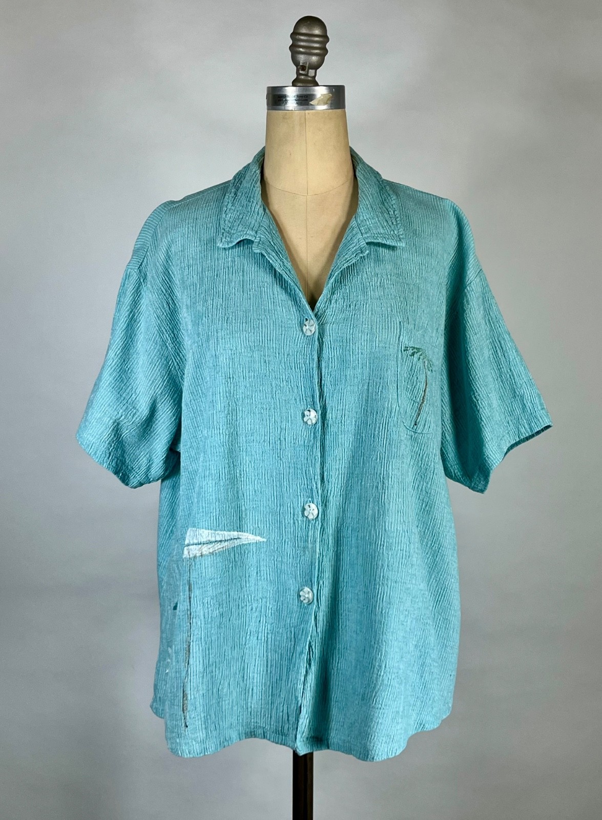 Vintage 1990’s HAND-PAINTED blue crinkle crepe cotton shirt by Play Alegre sz.XL