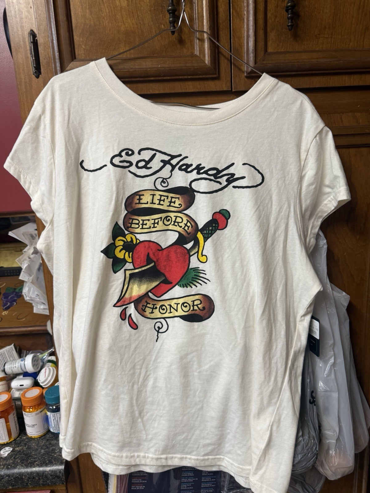 NWT Ed Hardy Shirt Color: Ivory, Love Before Honor HeartGraphic Logo Size 2xl.