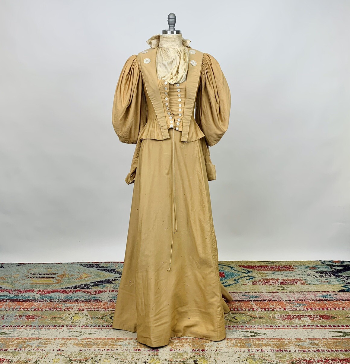 Antique Victorian 1890s Bodice & Skirt Set Tan Silk Leg of Mutton Sleeve AS IS