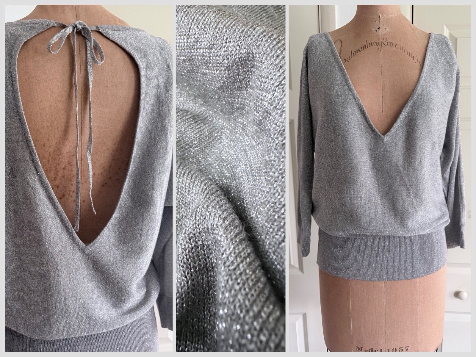 Vintage Y2K Open Back Glittery Silver Metallic Sweater New York & Co S/M