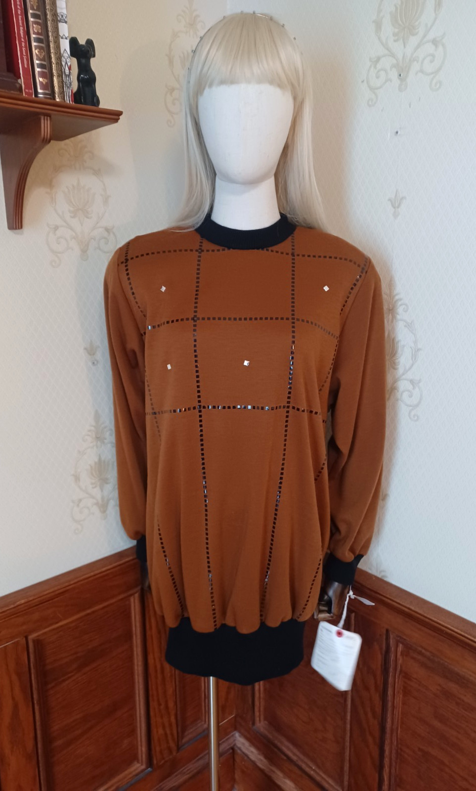 Vintage 80s NWT Gemini II Union-Made Brown Embellished Maximalist Tunic Dress