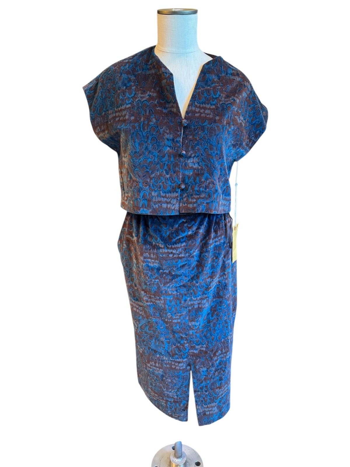 Vintage Victor Costa Blue Brown 2 Piece Velvet Skirt Top Size 8 New