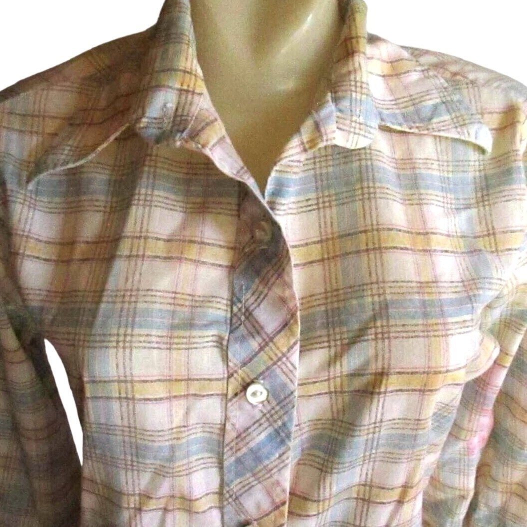 True Vintage Top Blouse Medium 70’s Carole Sue Plaid Long Sleeve Button-Up