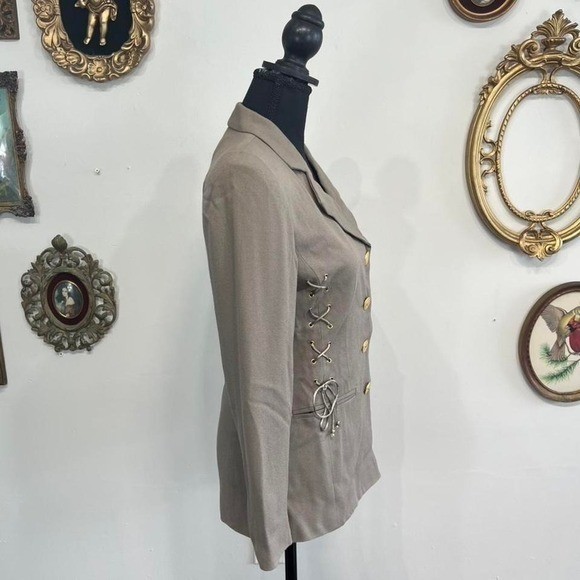 Sooooo Crazy by Rina Rossi Lace Up Side Blazer Sz Small Tan Gold Button Vintage