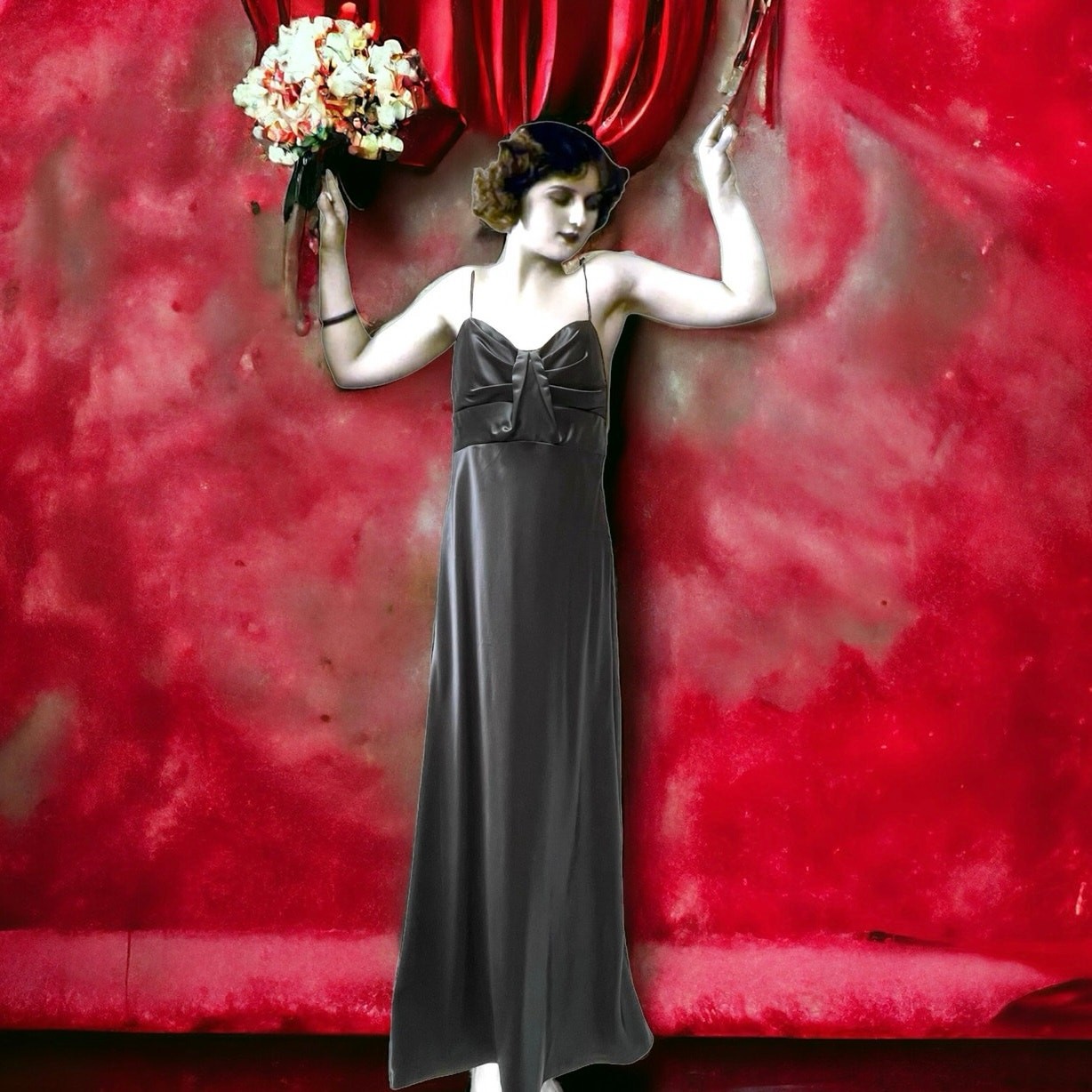 Black Silky Satin Formal Gown 30s Art Deco Style Vintage 1990s LBD Dress Medium