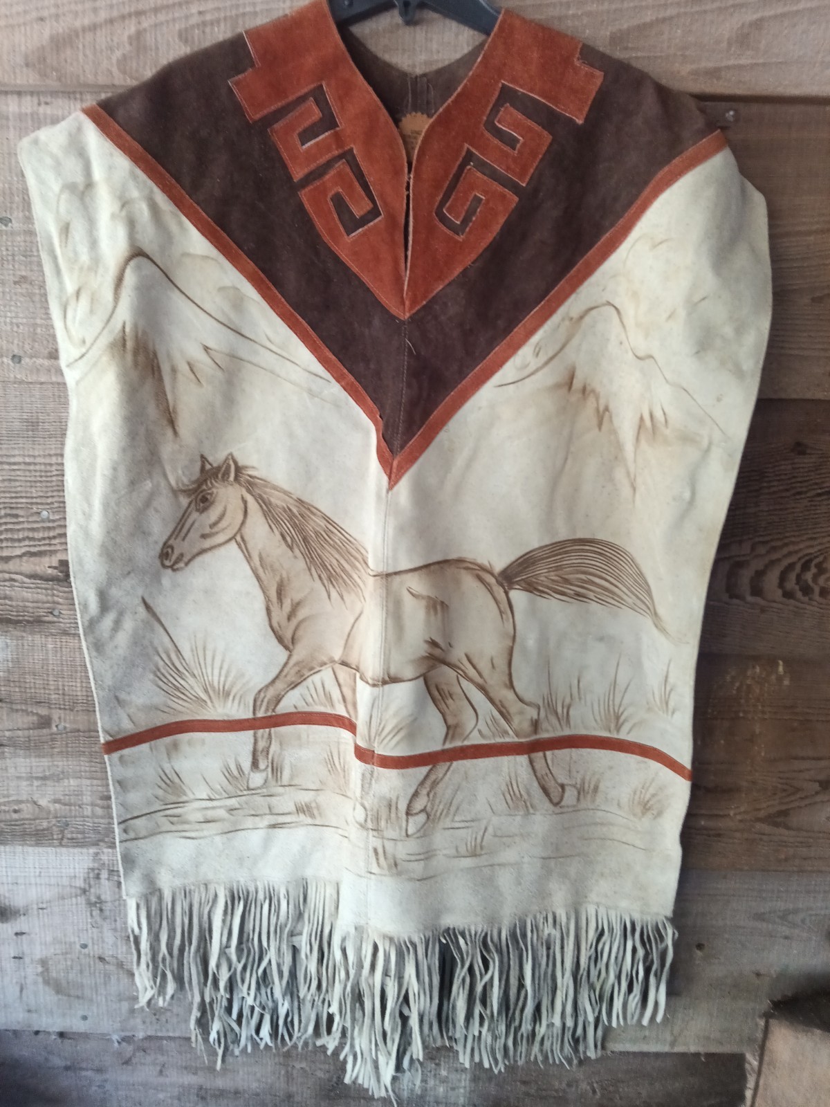 Vintage Suede Leather Fringed Poncho Hand Drawn Western Horse Gomez Pre-owned