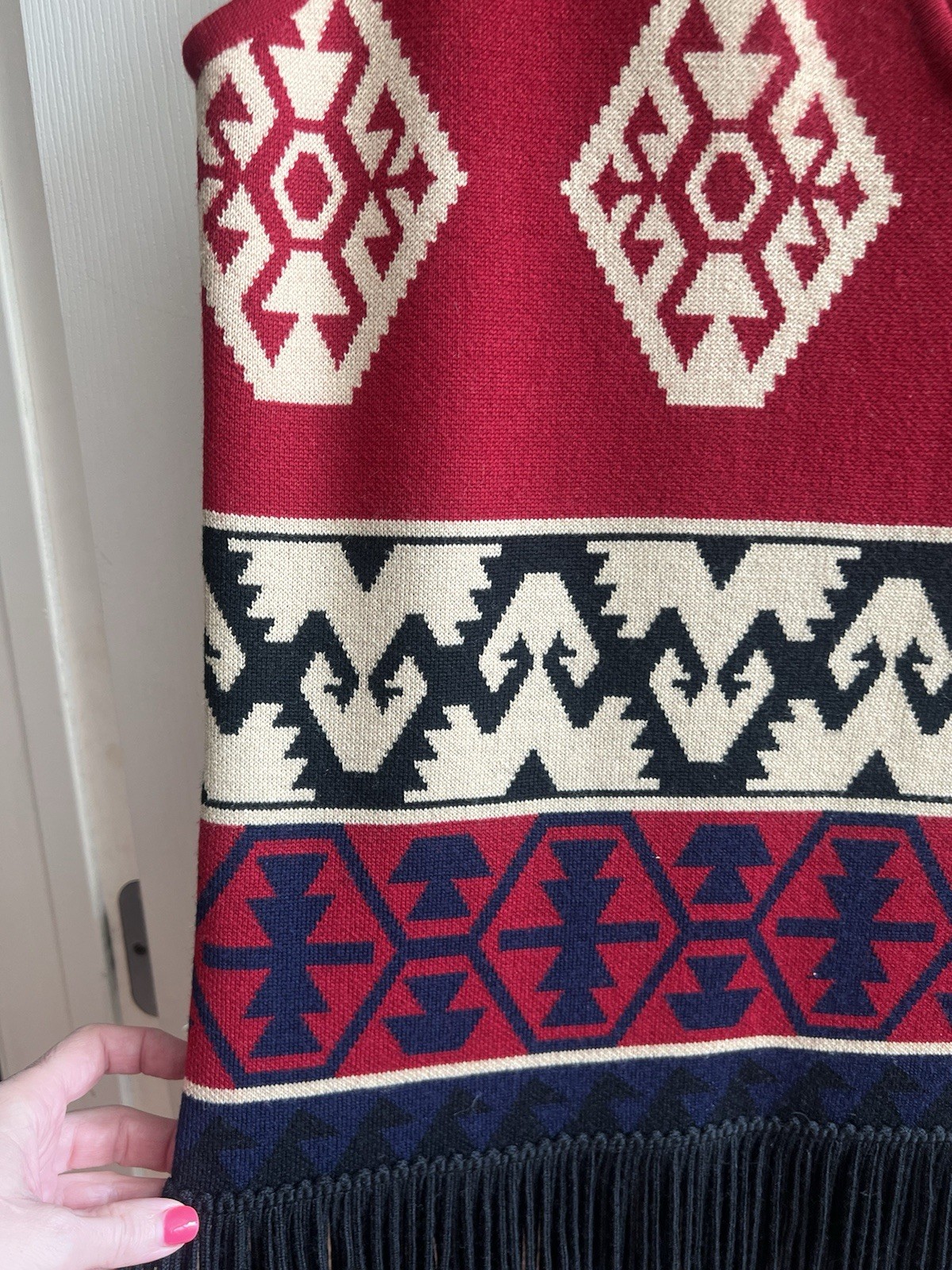 ANDREA JOVINE Vtg 80s Wool Aztec Blanket Fringe Sleeveless Sweater Dress Sz M