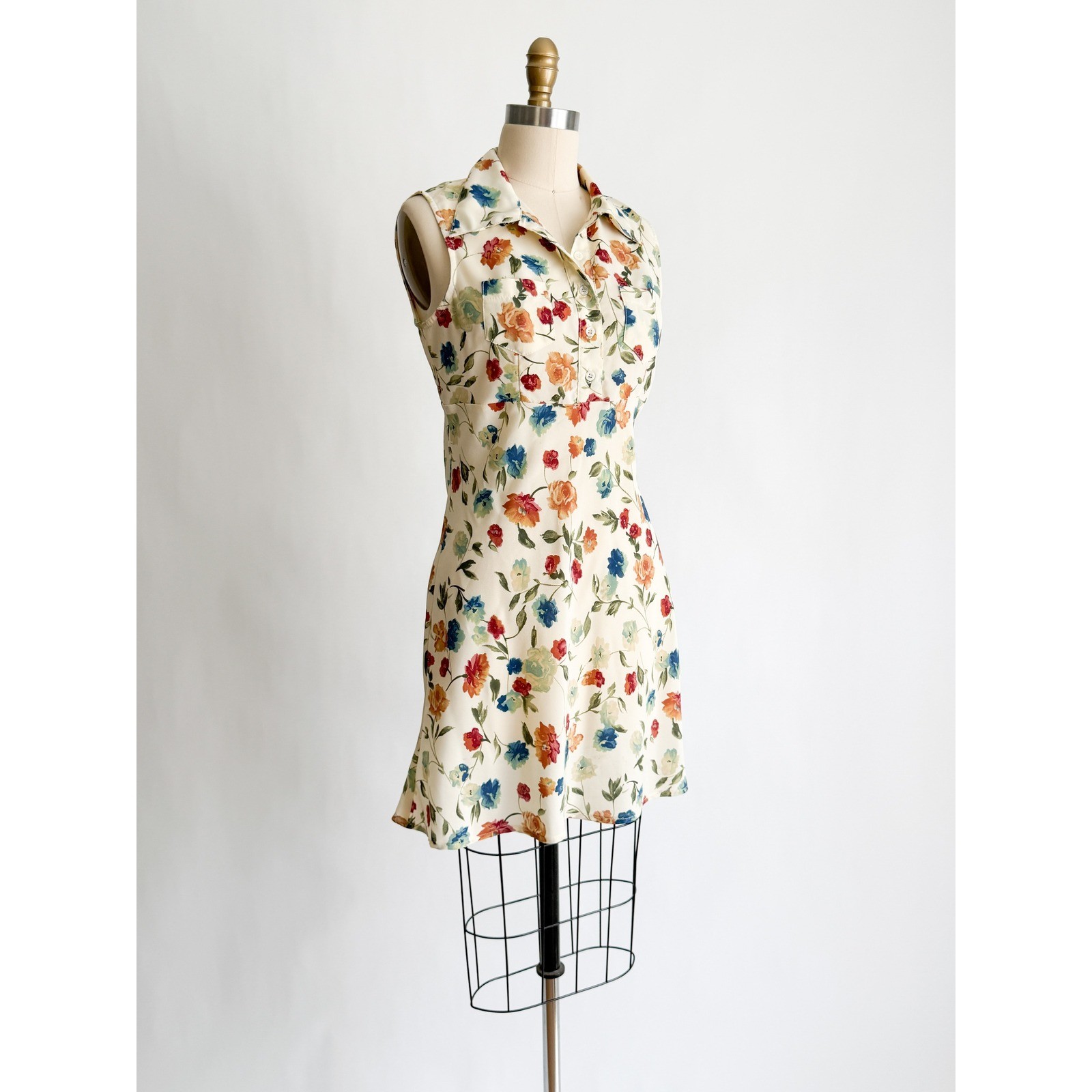 Contempo Casuals Mini Dress Vintage 90s Floral Sleeveless Collared Small Cream