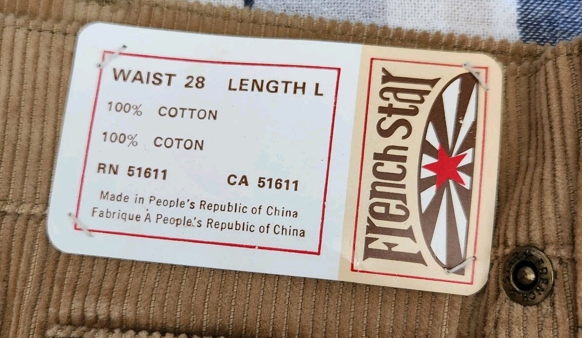 Vintage 80s French Star TAN Corduroy Jeans Waist 28 RN 51611 CA 51611
